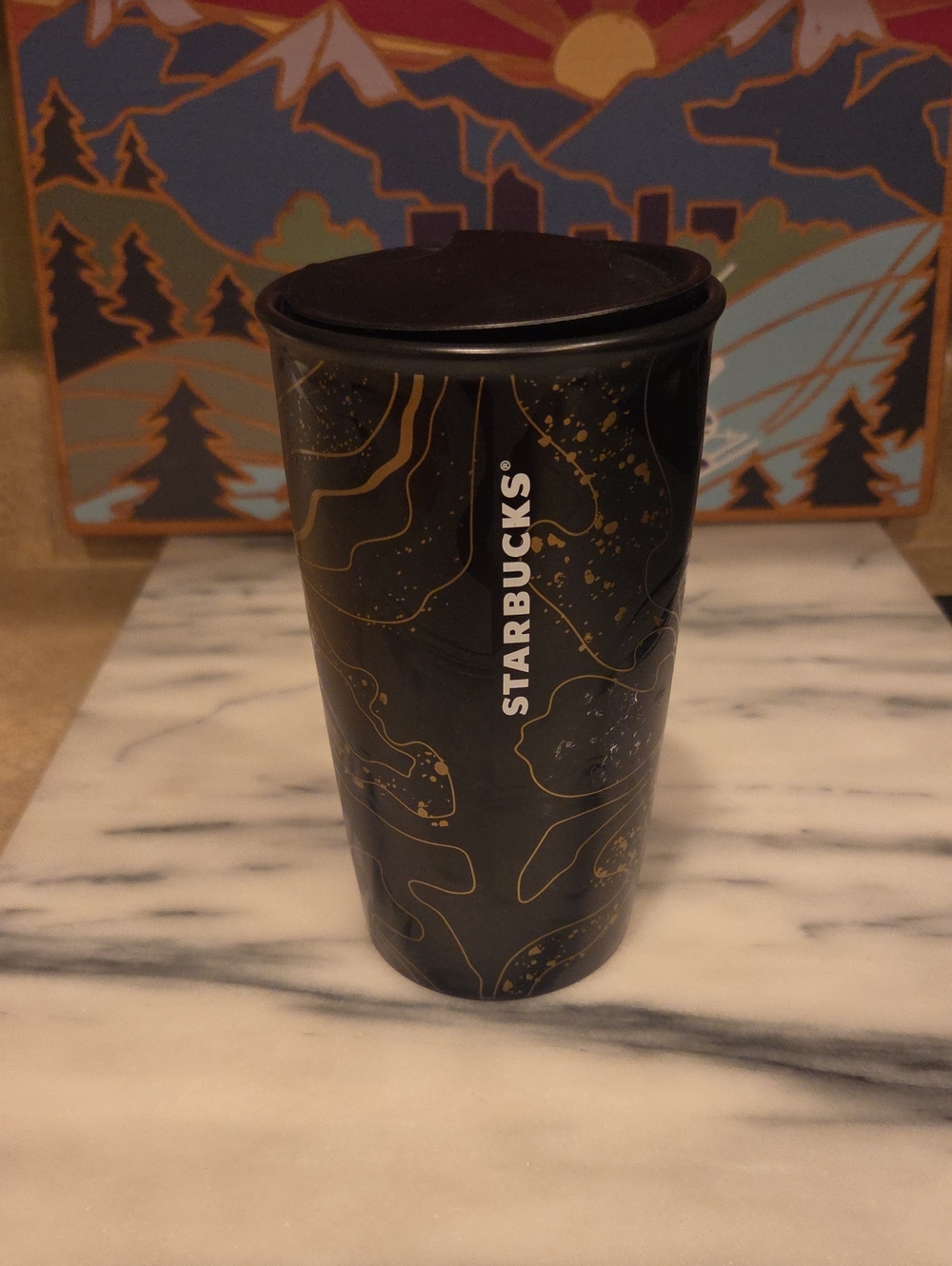 Starbucks Ceramic Black and Gold Patterned Travel Mug